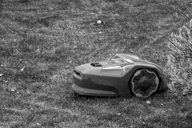 Rasenmäher Roboter mähen autonom den Garten während Kinder spielend im Hintergrund sind