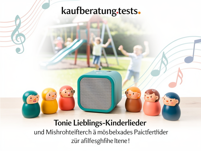 Kind hört fröhlich Tonie Lieblings-Kinderlieder auf bunter Toniebox Spielplatzhits
