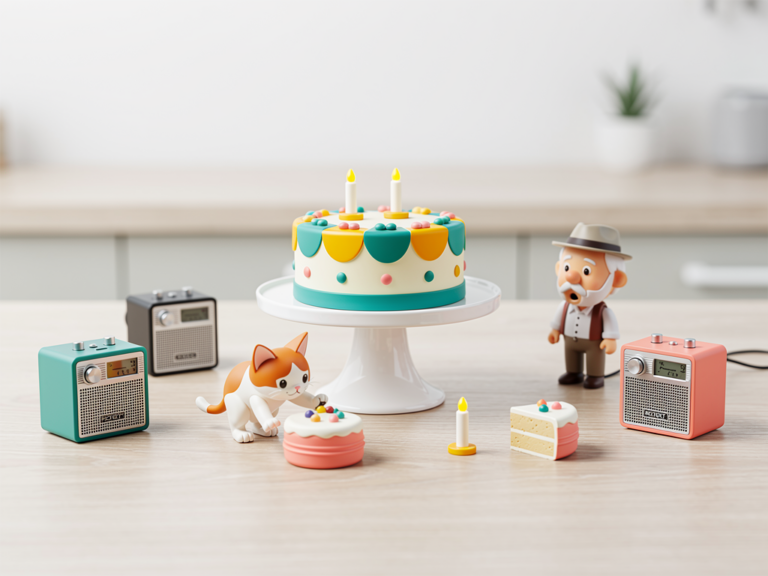 Tonie Pettersson und Findus mit Geburtstagstorte in humorvoller Kinderszene