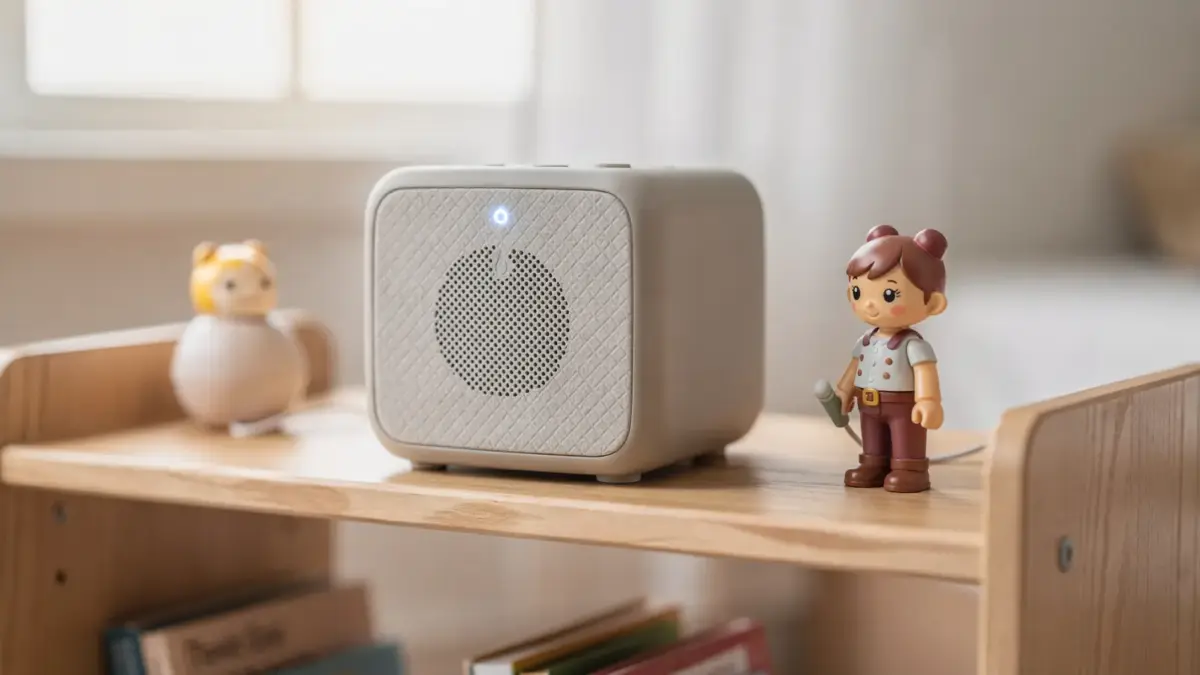 Toniebox mit leuchtender LED auf einem Regal neben einer Hörfigur in einem hellen Kinderzimmer.