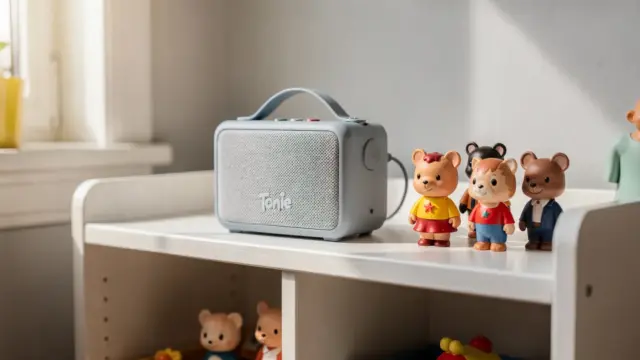 Toniebox 2 neben mehreren alten Tonie-Figuren auf einem Regal, Thema Kompatibilität.