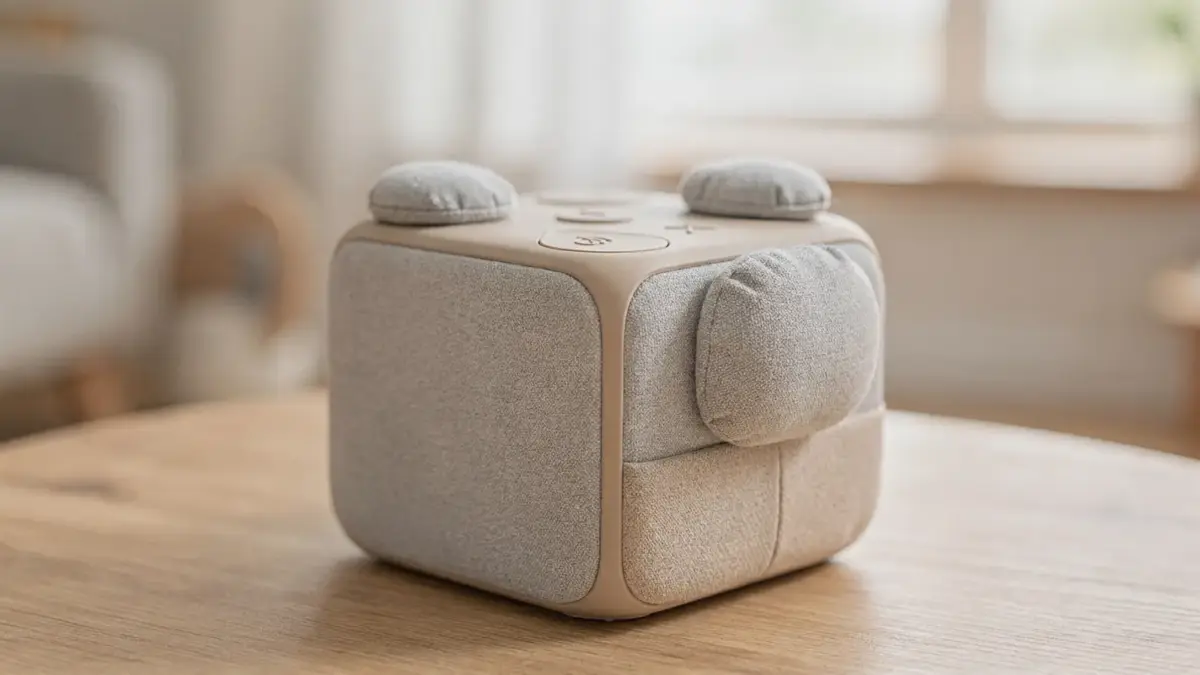 Toniebox mit Ohren zur Lautstärkesteuerung auf einem Tisch, Nahaufnahme der Bedienelemente