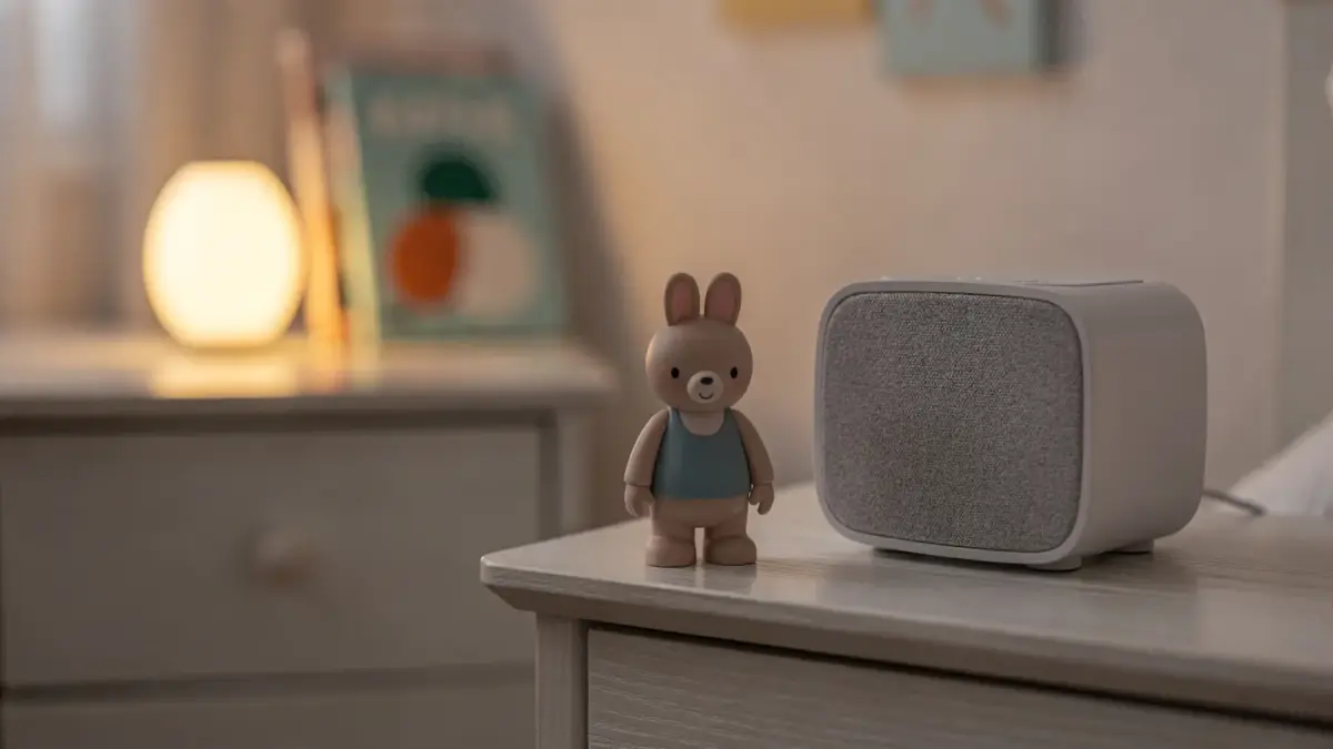 Tonie-Hörfigur neben einem Kinderlautsprecher im Schlafzimmer für Schlaflieder am Abend