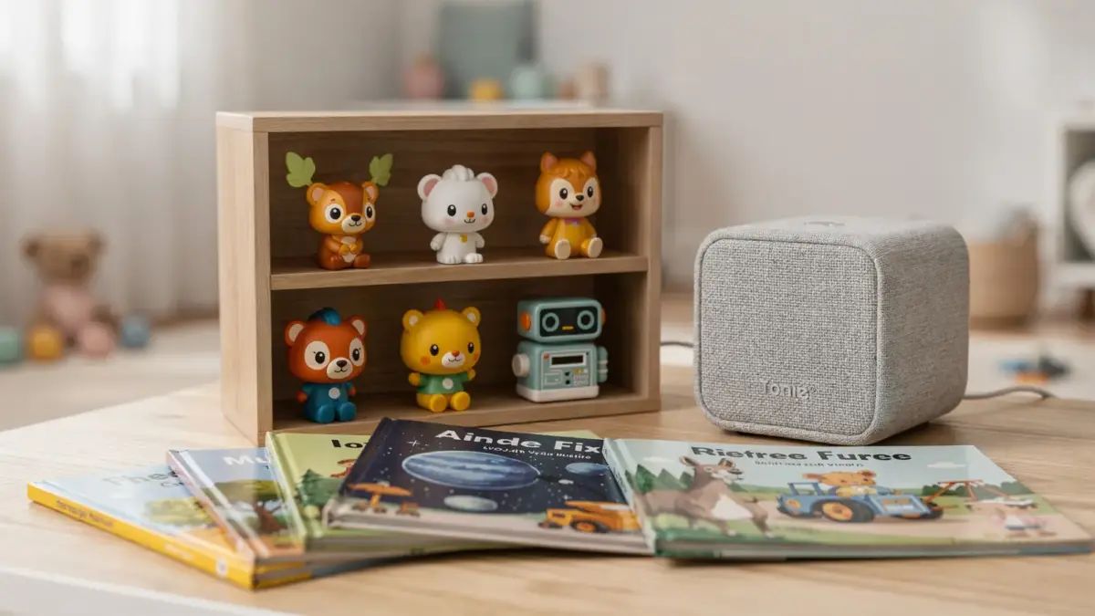 Toniebox mit Wissens-Figur neben Kinderbüchern zu Tieren und Technik