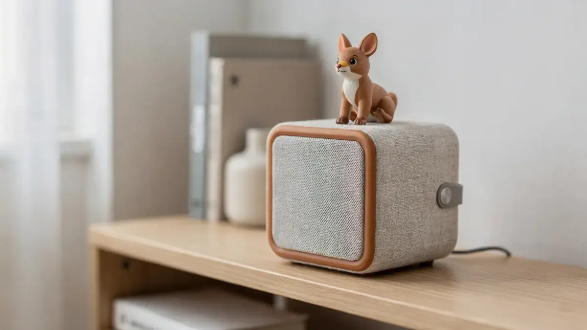 Toniebox mit einer Spielfigur obenauf auf einem Wohnzimmerteppich, kindgerechte Bedienung im Alltag
