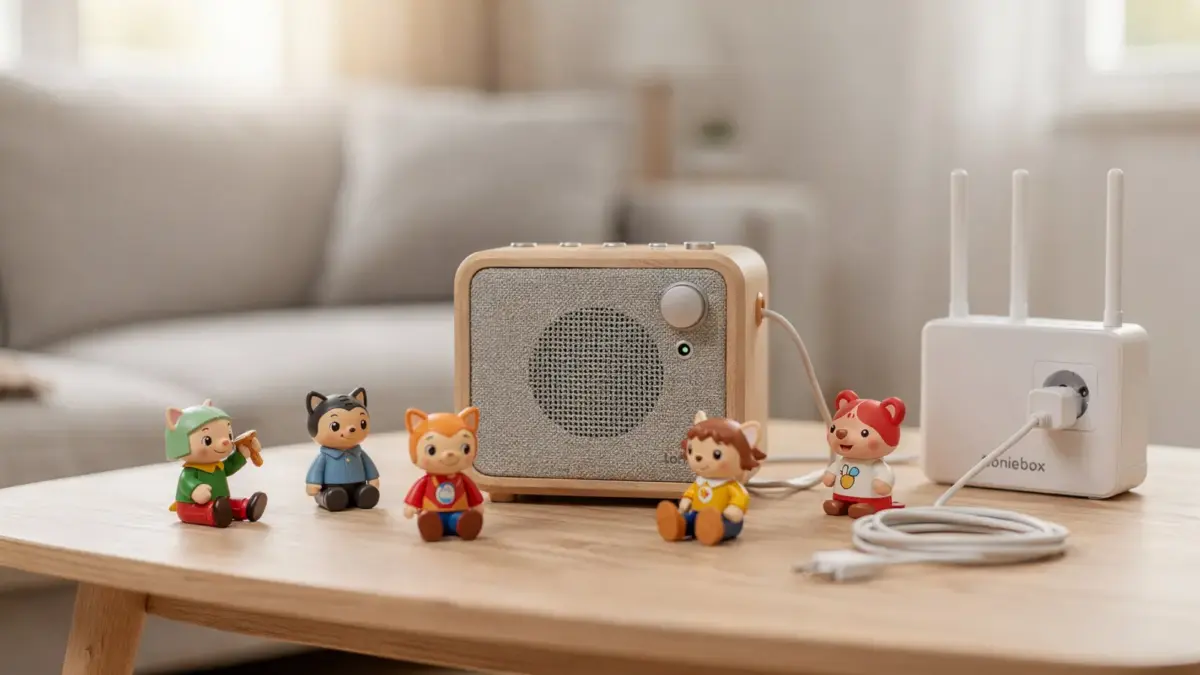 Toniebox mit aufgelegter Hörfigur, Lautstärketasten und eingestecktem Kopfhörer auf einem Tisch