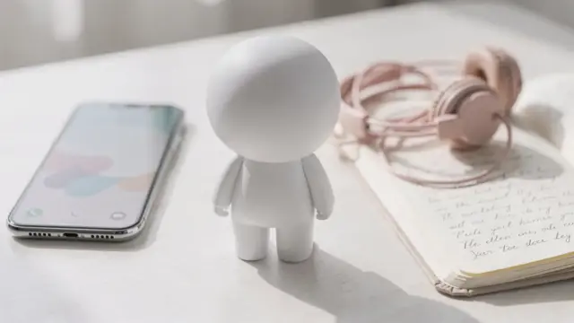 Unbespielte Kreativ-Tonie-Figur neben Smartphone und Notizbuch für ein personalisiertes Geschenk