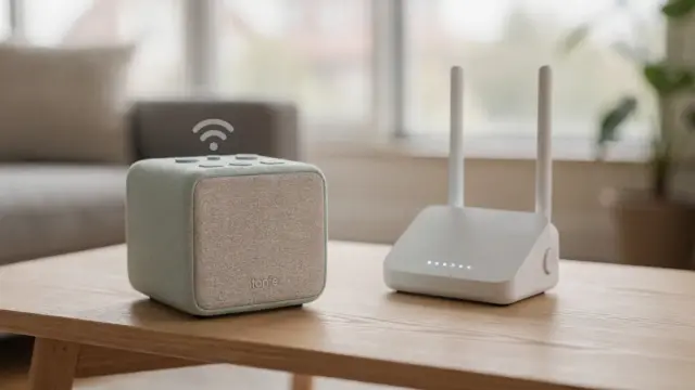 Toniebox neben WLAN-Router im hellen Wohnzimmer beim Firmware-Update
