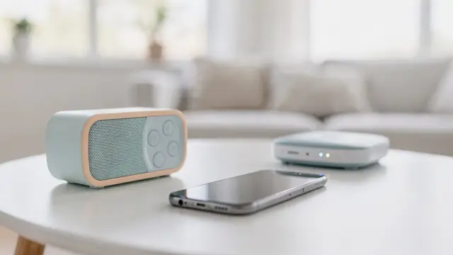 Smartphone neben Toniebox und WLAN-Router auf einem Tisch zur Prüfung der Verbindung