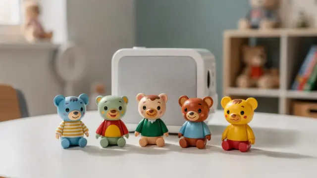 Tonie-Hörfiguren neben einer Toniebox auf einem Tisch, Thema Durchschnittspreis eines Tonies
