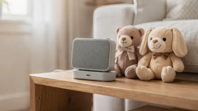Toniebox 2 im Wohnzimmer mit Ladestation und Hörfiguren neben Kinderbüchern.