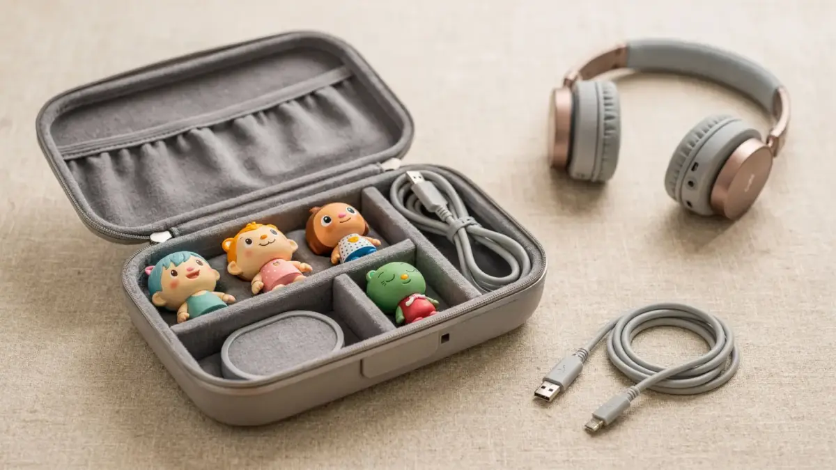 Gepolstertes Reiseetui für Tonies mit Fächern für Figuren, Ladekabel und Kopfhörer auf einem Tisch.