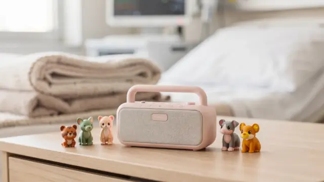 Toniebox und Hörfigur auf einem Nachttisch im Krankenhauszimmer für ein Kind.