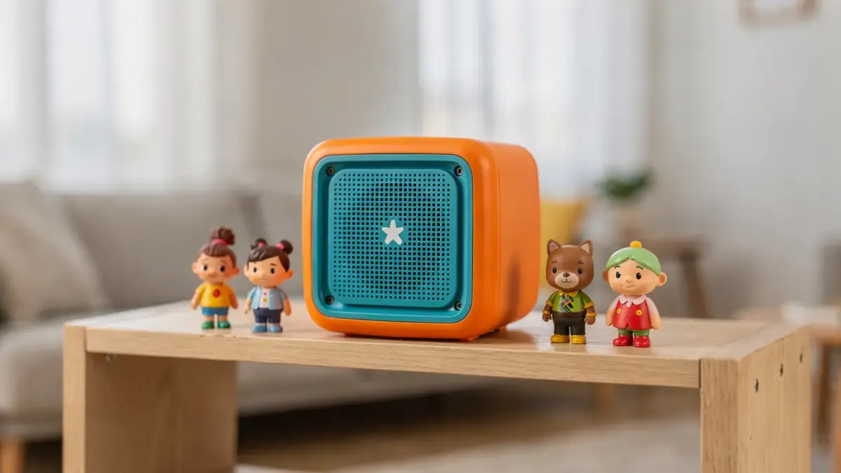 Kinderzimmer mit einer bunten Toniebox auf dem Regal neben kleinen Hörfiguren.