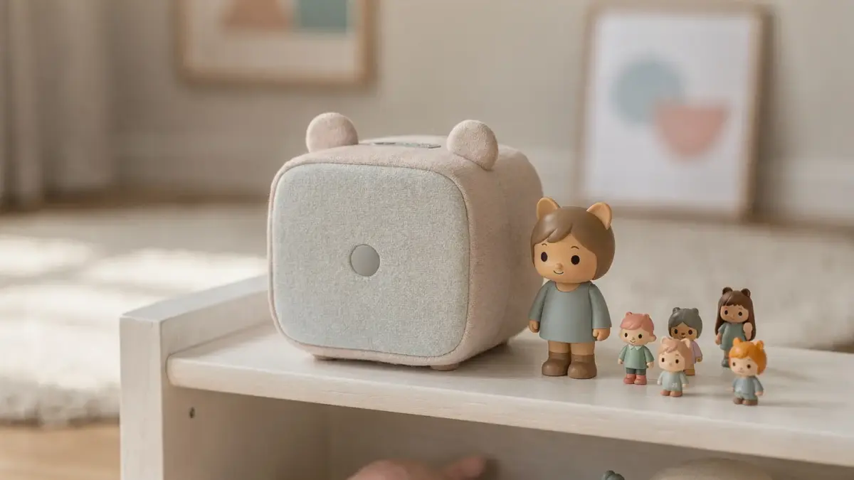 Toniebox im Kinderzimmer neben Figuren und Hörspiel-Figuren für kleine Kinder.