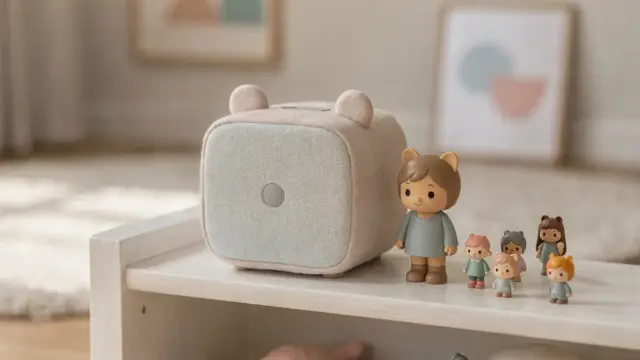 Toniebox im Kinderzimmer neben Figuren und Hörspiel-Figuren für kleine Kinder.