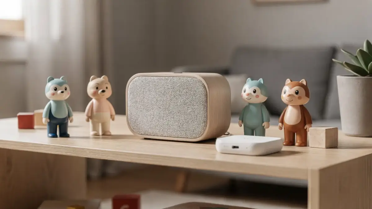 Toniebox mit Figuren, Ladestation und Zubehör auf einem Regal im Kinderzimmer