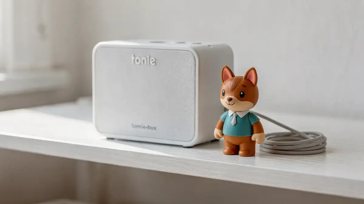 Toniebox mit Kreativ-Tonie und Ladegerät auf einem Regal für den Start