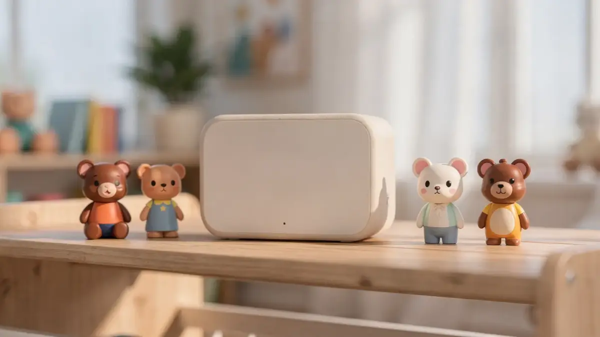 Toniebox mit Spielfiguren auf einem hellen Regal im Kinderzimmer