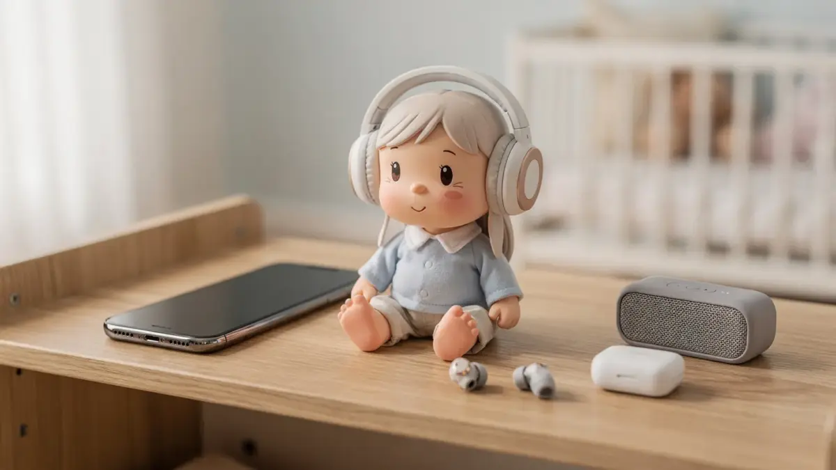 Bespielbare Tonie-Figur neben Smartphone im Babyzimmer für personalisierte Inhalte