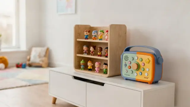Tonie-Regal aus Holz mit aufgestellten Hörfiguren neben einer Toniebox im Kinderzimmer