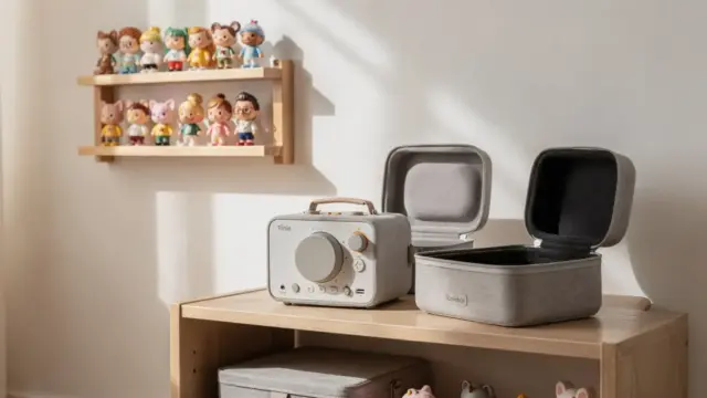 Toniebox-Zubehör wie Regal, Aufbewahrungsbox und Schutzhülle in einem hellen Kinderzimmer