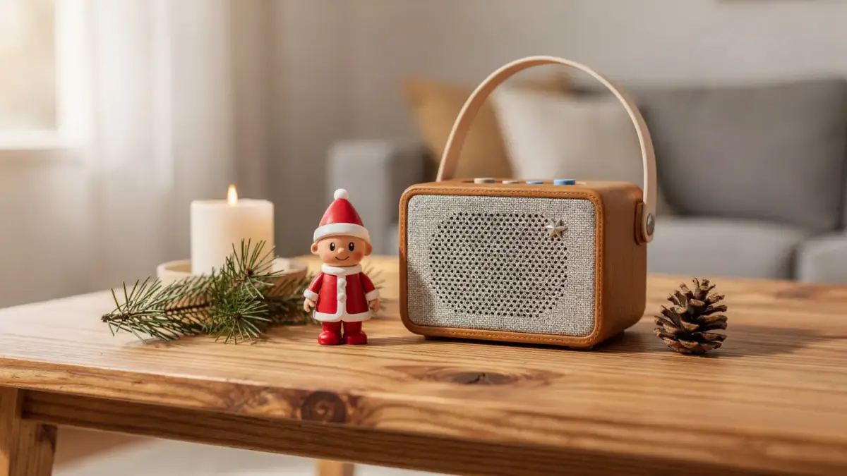 Toniebox mit weihnachtlicher Hörfigur neben Adventsdeko auf einem Tisch