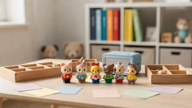 Mehrere Tonie-Figuren stehen neben einer Toniebox und Kinderbüchern auf einem hellen Regal.