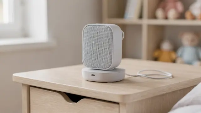 Toniebox auf einer Ladestation neben einem Kabel, Thema Akkulaufzeit und Laden