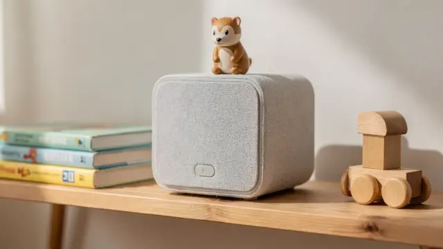 Toniebox auf einem Regal im Kinderzimmer mit Figur obenauf und Spielzeug daneben.