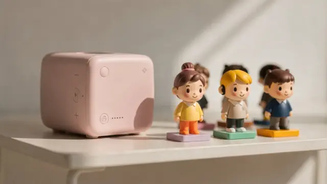Alternative Hörfigur neben einer Toniebox mit NFC-Chip für Hörspiele