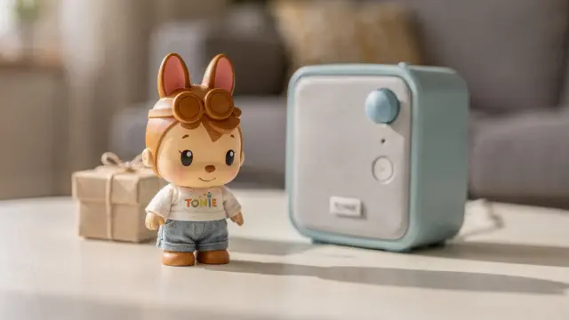 Einzelne Tonie-Figur neben kleinem Geschenk und Toniebox auf einem Tisch