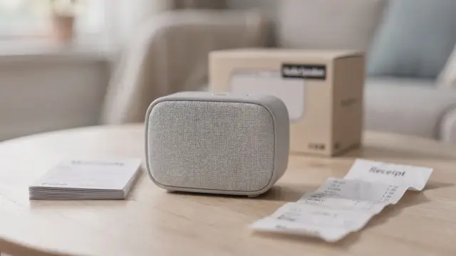 Toniebox mit Kaufbeleg, Garantieunterlagen und Verpackung auf einem Tisch